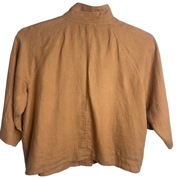 Pure jill Elements Brown Button-Up Linen Jacket Pockets 2X High Collar 3/4 Sleev - Picture 2 of 10
